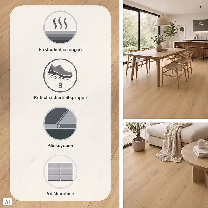 Parador Parkett Classic 3060 - Natur Eiche, Landhausdiele, 2.200 x 185 x 13 mm - Heller Holzfußboden in modernem Interieur, mit Merkmalen wie Fußbodenheizung, Rutschfestigkeit, Klicksystem und V4-Mikrofase.