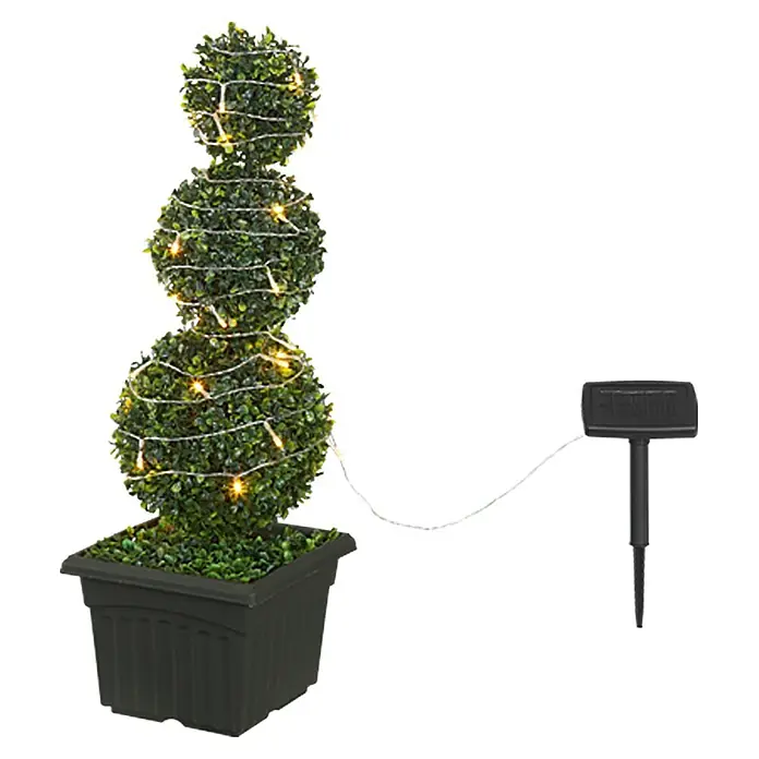 Globo Solar-Lichterkette - 20 m, IP44, Lichtfarbe: Warmweiß - Solarbetriebener Buchsbaum-Topiary mit Lichterkette in einem schwarzen Topf. Ein dekoratives und umweltfreundliches Element für jeden Garten.