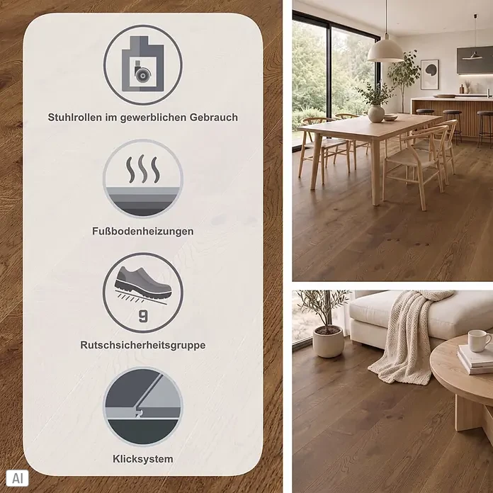 LOGOCLIC Parkett - Eiche Mocca versiegelt matt, Landhausdiele, 2.200 x 180 x 11 mm - Dunkler Holzfußboden mit Merkmalen für Rollstühle, Fußbodenheizung, Rutschfestigkeit (Gruppe 9) und Klicksystem, in Wohnräumen gezeigt.