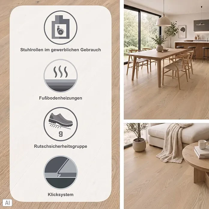 LOGOCLIC Parkett - Eiche Weiß versiegelt matt, Landhausdiele, 2.200 x 180 x 11 mm - Heller Holzfußboden in einem modernen Zuhause, mit einem Informations-Overlay, das Merkmale wie Fußbodenheizungskompatibilität und Klicksystem hervorhebt.