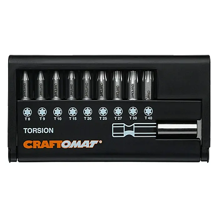 Craftomat Bit-Set - 10 -tlg., Innen-TORX®-Schrauben - Ein Set von Craftomat Torsion Schrauberbits in verschiedenen Größen, ordentlich in einer schwarzen Aufbewahrungsbox präsentiert.