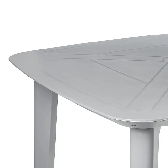 Esstisch SORICO in Grau - (W) 86 x (H) 77 x - L - Grauer Kunststoff-Utility-Tisch mit abgerundeter dreieckiger Platte und dezentem geometrischen Muster.