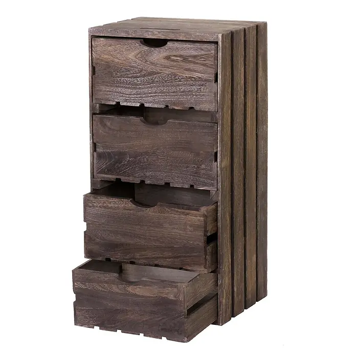 Mendler Kommode HWC-C62 4 Schubladen 70x32x26cm - braun -  - Dunkelbraune Holzkommode mit fünf Schubladen, zwei davon teilweise geöffnet, und einer Lamellenstruktur an der Seite.