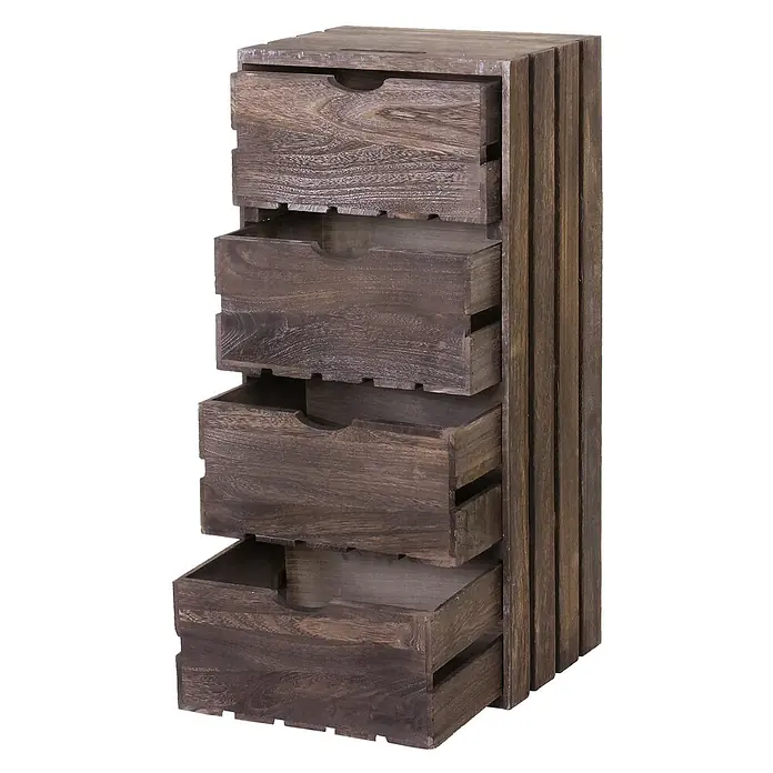 Mendler Kommode HWC-C62 4 Schubladen 70x32x26cm - braun -  - Hohe, dunkelbraun gebeizte Holzschubladenkommode mit vier leicht geöffneten Ablagekisten.