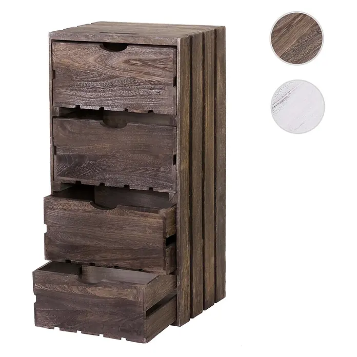 Mendler Kommode HWC-C62 4 Schubladen 70x32x26cm - braun -  - Rustikale Kommode aus dunklem Holz mit 5 Schubladen, teilweise geöffnet. Materialmuster zeigen dunkles und helles Holz.