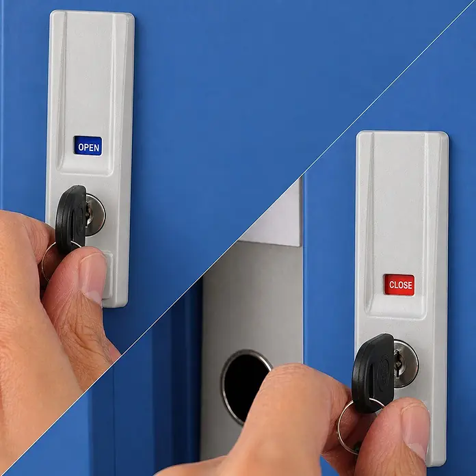 Jan Nowak Büro-Metallschrank KUBA mit Schiebetüren, 90x185x40 cm, Grau/Blau -  - Weißes Schließfachschloss mit blauer 'OPEN'- und roter 'CLOSE'-Anzeige, das von einer Hand mit schwarzem Schlüssel an einem blauen Spind bedient wird.