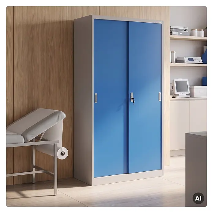 Jan Nowak Büro-Metallschrank KUBA mit Schiebetüren, 90x185x40 cm, Grau/Blau -  - Blauer und grauer Metallschrank mit Schiebetüren und Schloss in einem Arztzimmer oder Büro.