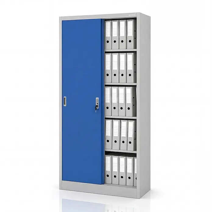 Jan Nowak Büro-Metallschrank KUBA mit Schiebetüren, 90x185x40 cm, Grau/Blau -  - Grauer Metallaktenschrank mit blauer Schiebetür, teilweise geöffnet, zeigt Ordner. Schlüssel im Schloss.