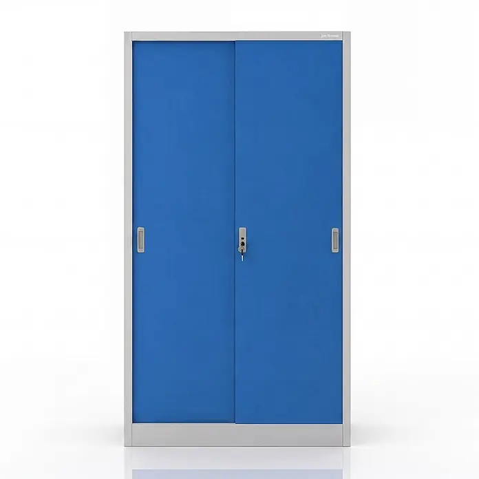 Jan Nowak Büro-Metallschrank KUBA mit Schiebetüren, 90x185x40 cm, Grau/Blau -  - Blauer Metallschrank mit Schiebetüren, Schloss und Schlüssel.