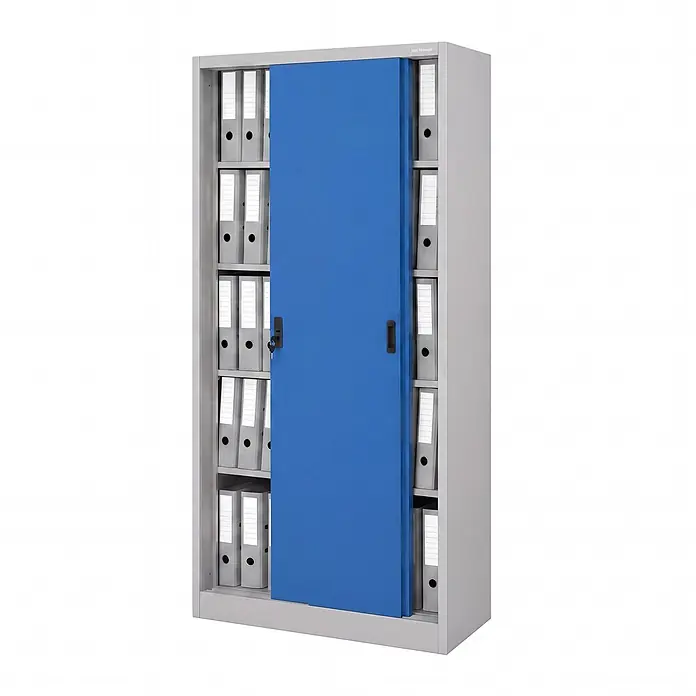 Jan Nowak Büro-Metallschrank KUBA mit Schiebetüren, 90x185x40 cm, Grau/Blau -  - Grauer Metall-Büroschrank mit blauer Schiebetür, gefüllt mit grauen Ordnern zur Dokumentenaufbewahrung.