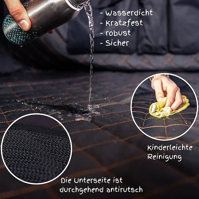 Universaler PKW Rücksitzschoner mit Kühldecke, wasserabweisend - kratzfest -  - Dunkler, gesteppter Schutzbezug, der Wasserbeständigkeit und leichte Reinigung zeigt. Mit rutschfester Unterseite.