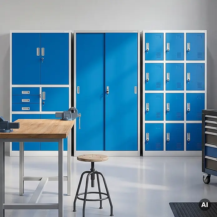 Jan Nowak Büro-Metallschrank KUBA mit Schiebetüren, 90x185x40 cm, Grau/Blau -  - Blaue Industrie-Metallschränke und -Spinde bieten robuste Aufbewahrung in einer Werkstatt, ergänzt durch Werkbank und Hocker.