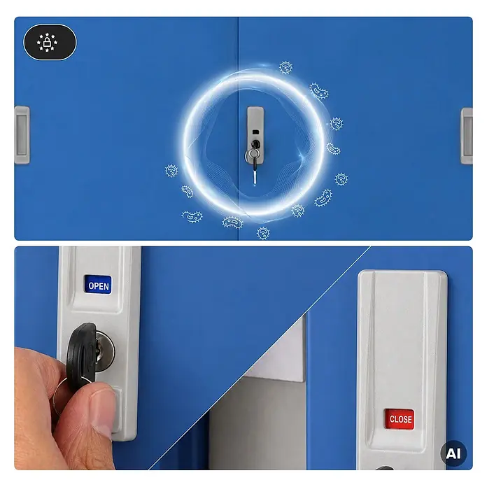 Jan Nowak Büro-Metallschrank KUBA mit Schiebetüren, 90x185x40 cm, Grau/Blau -  - Blauer Schrank mit Schlüsselschloss, zeigt antimikrobiellen Schutz und 'OPEN'/'CLOSE'-Anzeigen.