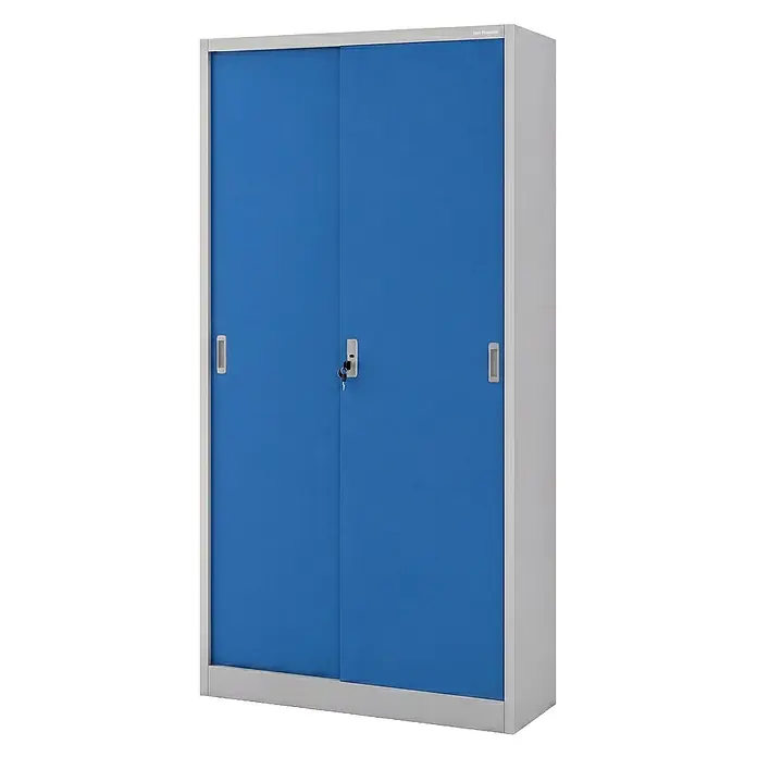 Jan Nowak Büro-Metallschrank KUBA mit Schiebetüren, 90x185x40 cm, Grau/Blau -  - Blauer Metallschrank mit Schiebetüren, grauem Rahmen und Schloss.