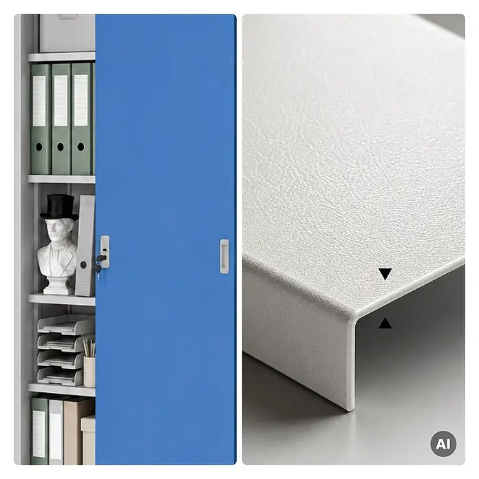 Jan Nowak Büro-Metallschrank KUBA mit Schiebetüren, 90x185x40 cm, Grau/Blau -  - Weißer, strukturierter Metallschrank mit leuchtend blauer Schiebetür und Nahaufnahme der Metalloberflächentextur.