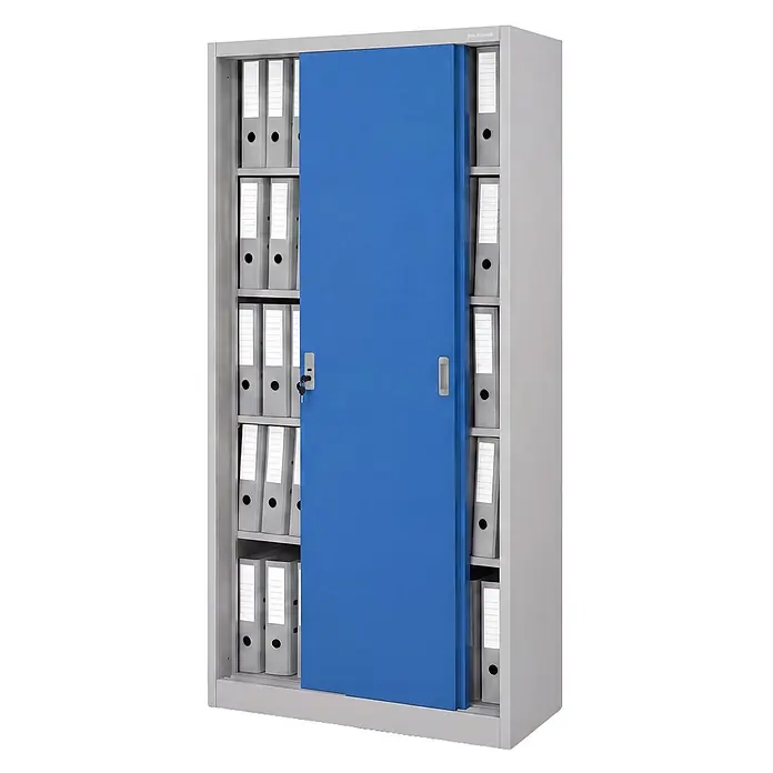 Jan Nowak Büro-Metallschrank KUBA mit Schiebetüren, 90x185x40 cm, Grau/Blau -  - Grauer Metall-Aktenschrank mit blauer Schiebetür, gefüllt mit Aktenordnern.