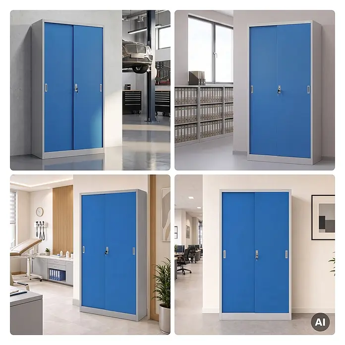 Jan Nowak Büro-Metallschrank KUBA mit Schiebetüren, 90x185x40 cm, Grau/Blau -  - Blauer Metallschrank mit Schiebetüren und Schloss, in verschiedenen Arbeitsumgebungen gezeigt.