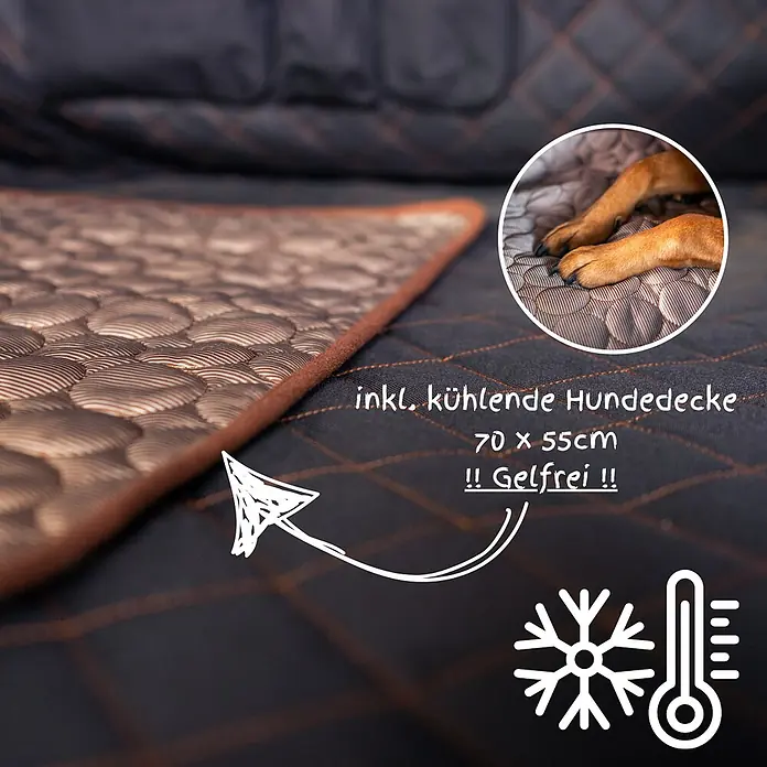Universaler PKW Rücksitzschoner mit Kühldecke, wasserabweisend - kratzfest -  - Dunkelgraue und braun gesteppte kühlende Hundedecke, mit darauf ruhenden Hundepfoten. Gelfrei, 70x55cm.