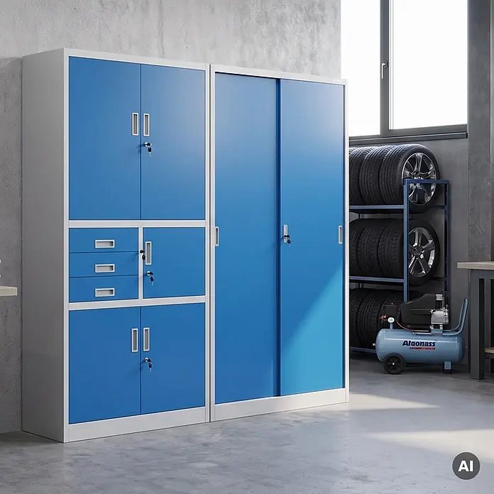 Jan Nowak Büro-Metallschrank KUBA mit Schiebetüren, 90x185x40 cm, Grau/Blau -  - Zwei blaue und graue Metallschränke: einer mit Flügeltüren und Schubladen, der andere mit Schiebetüren, in einer Werkstatt.