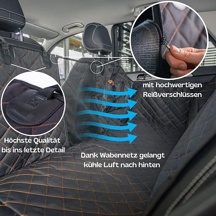Universaler PKW Rücksitzschoner mit Kühldecke, wasserabweisend - kratzfest -  - Schwarze, gesteppte Auto-Rücksitzdecke mit orangefarbenen Nähten, Netzfenstern für Luftzirkulation und hochwertigen Reißverschlüssen.