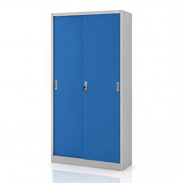 Jan Nowak Büro-Metallschrank KUBA mit Schiebetüren, 90x185x40 cm, Grau/Blau -  - Robuster blauer und grauer Metallschrank mit sicheren Schiebetüren und Zentralschloss, ideal zur Aufbewahrung.