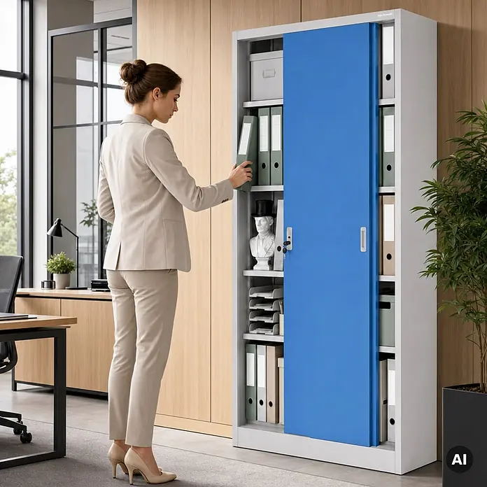 Jan Nowak Büro-Metallschrank KUBA mit Schiebetüren, 90x185x40 cm, Grau/Blau -  - Frau verstaut einen grünen Ordner in einem grauen Büroschrank mit blauer Schiebetür, der seine praktische Nutzung im modernen Büro zeigt.