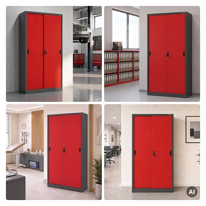 Jan Nowak Büroschrank KUBA mit Schiebetüren, 90x185x40 cm, Anthrazit-Rot -  - Roter und grauer Metallschrank mit Schiebetüren und Schloss, gezeigt in verschiedenen professionellen Lagerumgebungen.