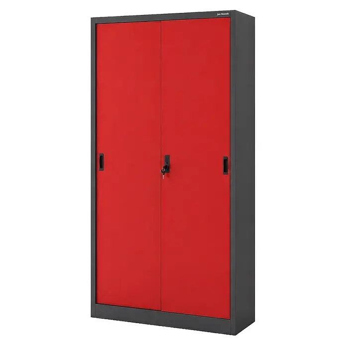Jan Nowak Büroschrank KUBA mit Schiebetüren, 90x185x40 cm, Anthrazit-Rot -  - Roter und grauer Metallschrank mit zwei Türen und einem Zentralschloss.