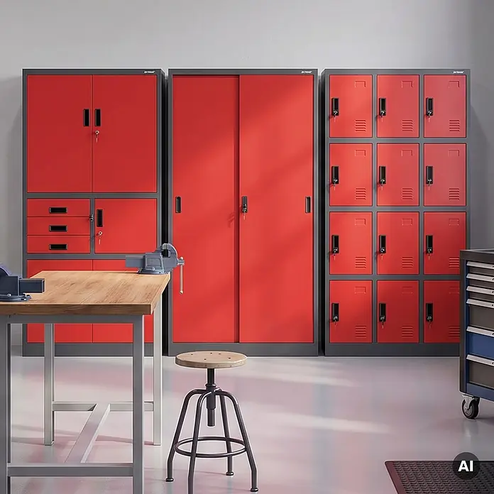 Jan Nowak Büroschrank KUBA mit Schiebetüren, 90x185x40 cm, Anthrazit-Rot -  - Rote Metall-Werkstattschränke mit Spinden und Schubladen zur Werkzeugaufbewahrung in der Garage.