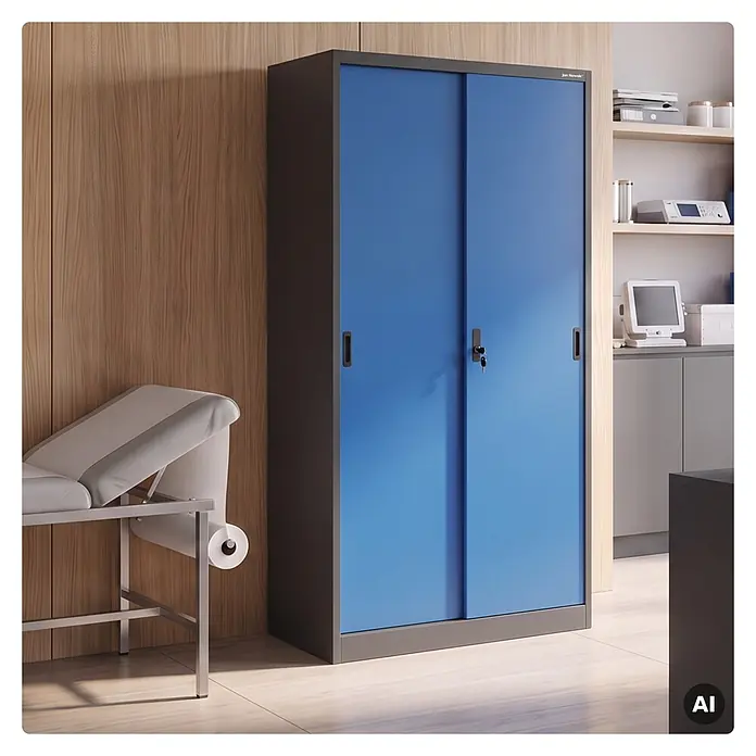 Jan Nowak Büroschrank KUBA mit Schiebetüren, 90x185x40 cm, Anthrazit-Blau -  - Blau-grauer Schiebetürenschrank in einem Arztzimmer, neben einer Untersuchungsliege und Regalen mit Ausrüstung.