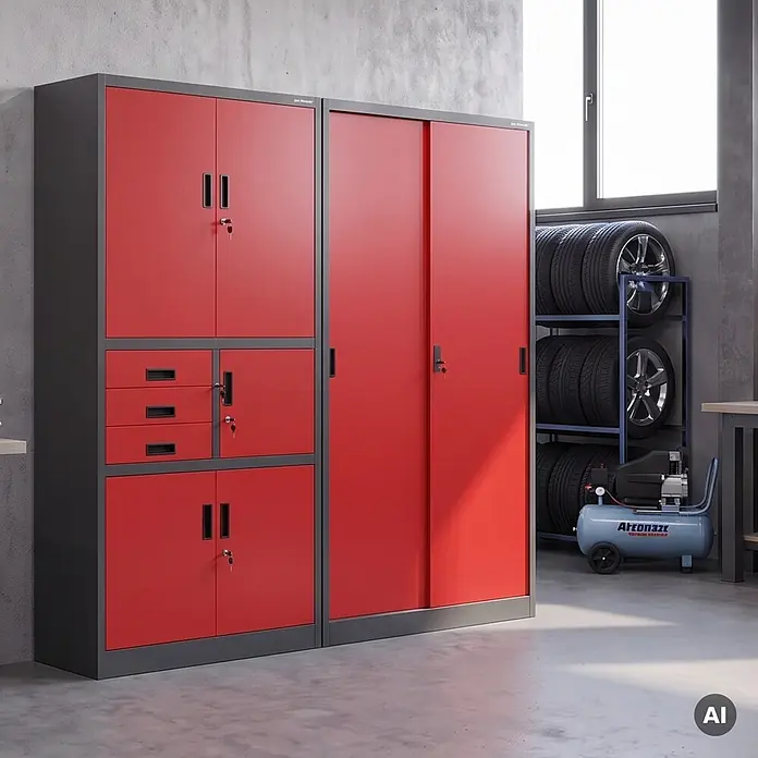 Jan Nowak Büroschrank KUBA mit Schiebetüren, 90x185x40 cm, Anthrazit-Rot -  - Rot-graues Metall-Garagenschranksystem mit Schubladen, Flügeltüren und Schiebetüren zur Werkstattorganisation.
