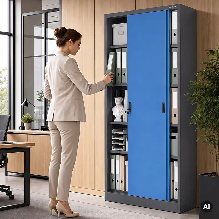 Jan Nowak Büroschrank KUBA mit Schiebetüren, 90x185x40 cm, Anthrazit-Blau -  - Dunkelgrauer Metallschrank mit blauer Schiebetür, von einer Frau im Büro zur Aufbewahrung von Akten genutzt.