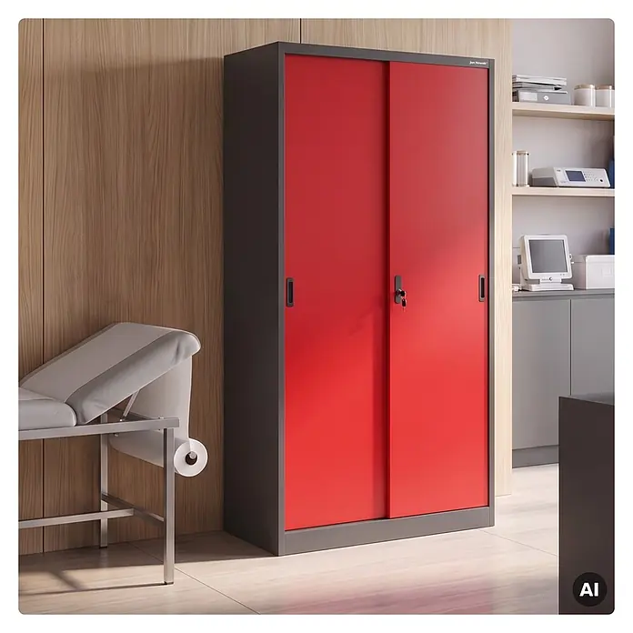 Jan Nowak Büroschrank KUBA mit Schiebetüren, 90x185x40 cm, Anthrazit-Rot -  - Roter und grauer Schiebetürenschrank mit Schloss in einer Klinik neben einer Untersuchungsliege.