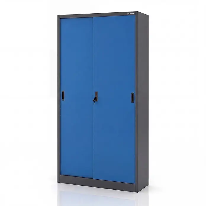 Jan Nowak Büroschrank KUBA mit Schiebetüren, 90x185x40 cm, Anthrazit-Blau -  - Blauer Metallschrank mit Schiebetüren und Schloss, in dunkelgrauem Rahmen.