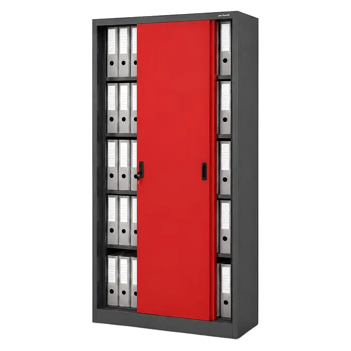 Jan Nowak Büroschrank KUBA mit Schiebetüren, 90x185x40 cm, Anthrazit-Rot -  - Grauer Metall-Schiebetürenschrank mit roter Tür, teilweise geöffnet, zeigt graue Aktenordner im Inneren.
