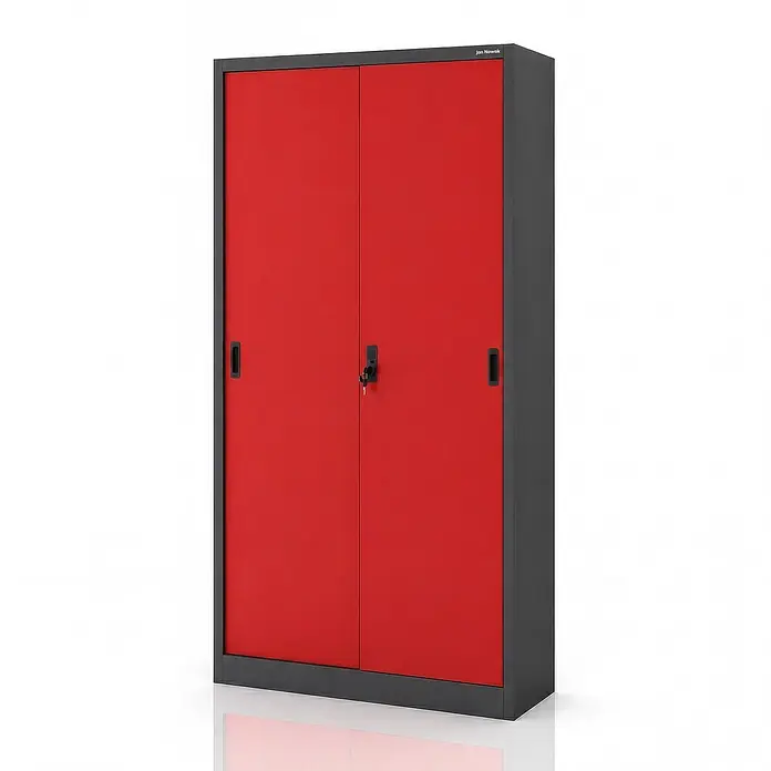 Jan Nowak Büroschrank KUBA mit Schiebetüren, 90x185x40 cm, Anthrazit-Rot -  - Rot-grauer Metall-Schrankschrank mit zwei Türen, schwarzen Griffen und einem zentralen Schloss mit Schlüsseln.