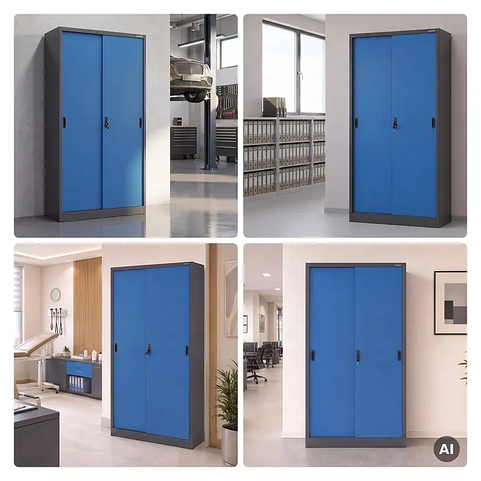 Jan Nowak Büroschrank KUBA mit Schiebetüren, 90x185x40 cm, Anthrazit-Blau -  - Blauer Metallschrank mit Schiebetüren in verschiedenen Büro- und Werkstattumgebungen.