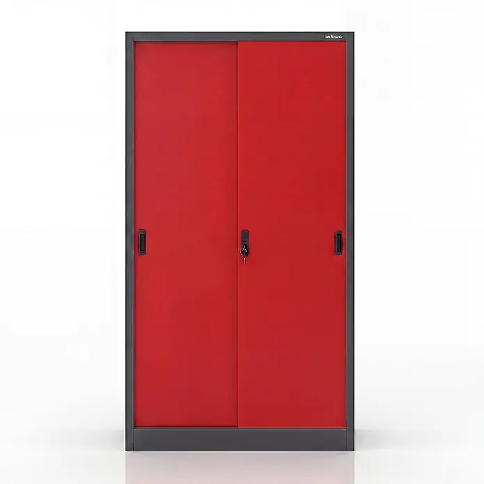Jan Nowak Büroschrank KUBA mit Schiebetüren, 90x185x40 cm, Anthrazit-Rot -  - Roter Metall-Schiebetürenschrank mit dunkelgrauem Rahmen, Griffen und zentralem Schloss.