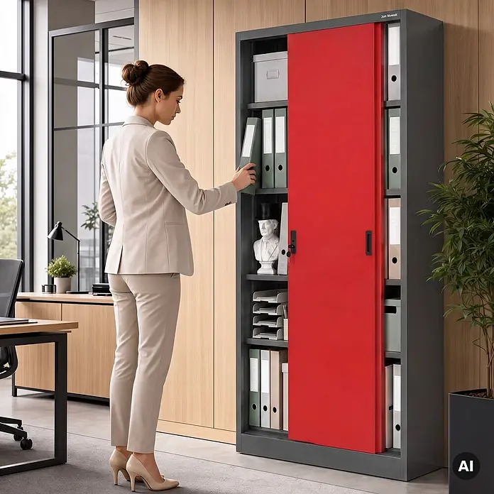 Jan Nowak Büroschrank KUBA mit Schiebetüren, 90x185x40 cm, Anthrazit-Rot -  - Roter und grauer Metall-Büroschrank mit Schiebetüren, in einer Büroumgebung gezeigt.