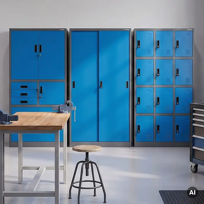 Jan Nowak Büroschrank KUBA mit Schiebetüren, 90x185x40 cm, Anthrazit-Blau -  - Blaue Metall-Werkstattschränke und -spinde, Werkbank, Hocker und Werkzeugwagen in einer Werkstattumgebung.