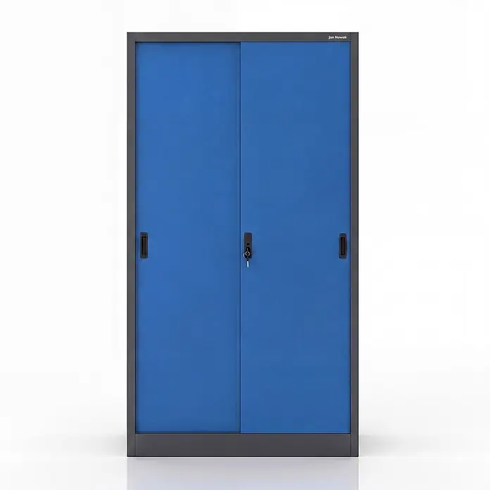 Jan Nowak Büroschrank KUBA mit Schiebetüren, 90x185x40 cm, Anthrazit-Blau -  - Blauer Metallschrank mit zwei Schiebetüren, zentralem Schloss und Griffen.