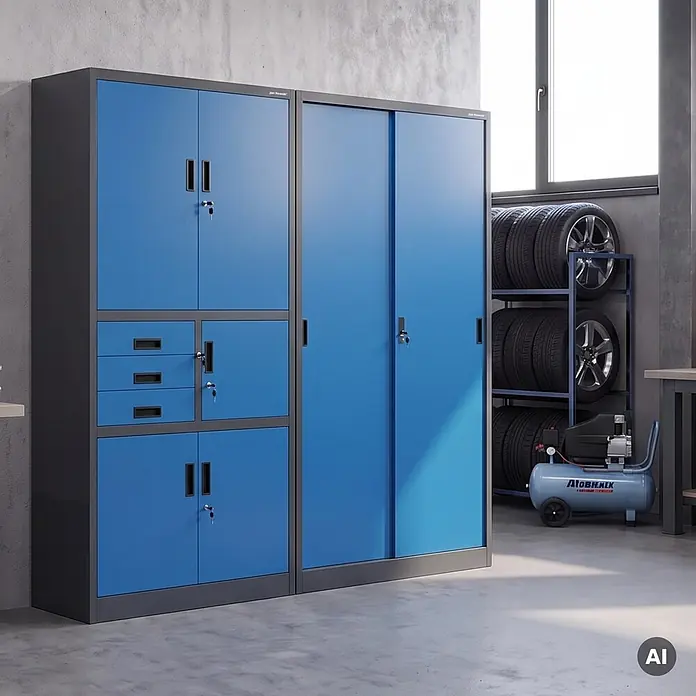 Jan Nowak Büroschrank KUBA mit Schiebetüren, 90x185x40 cm, Anthrazit-Blau -  - Blaue und graue Metall-Werkstattschränke, einer mit Flügeltüren und Schubladen, der andere mit Schiebetüren, in einer Garage.