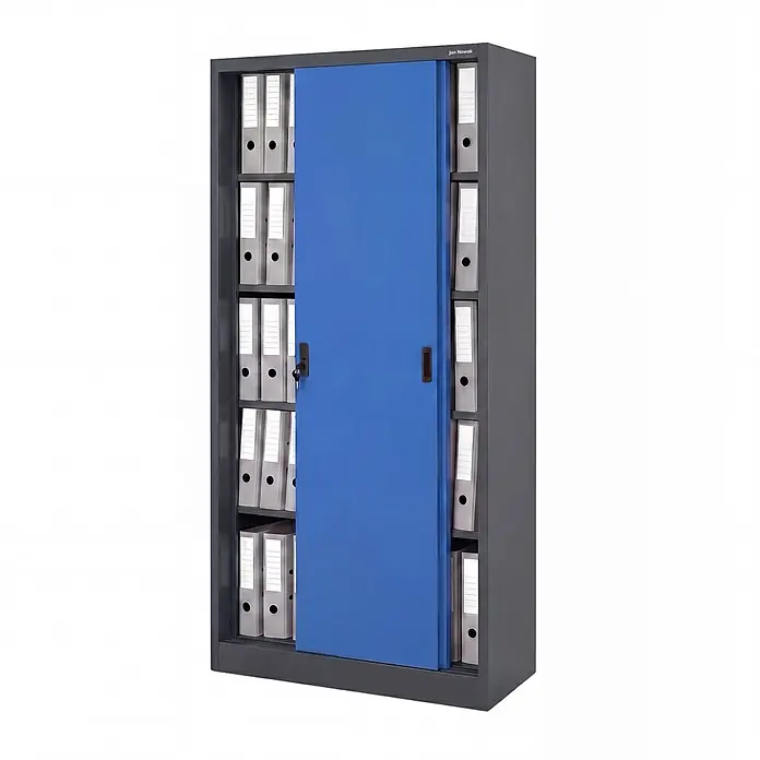 Jan Nowak Büroschrank KUBA mit Schiebetüren, 90x185x40 cm, Anthrazit-Blau -  - Grauer Metall-Büroschrank mit blauer Schiebetür, gefüllt mit Aktenordnern.