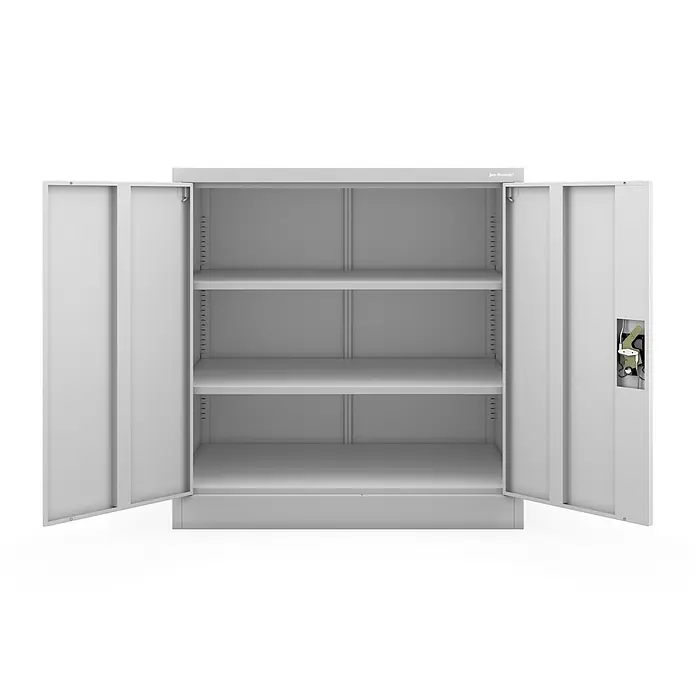Jan Nowak Metallschrank BEATA D600 für Büro/Werkstatt, 93x90x60 cm, grau -  - Grauer Metallschrank mit zwei geöffneten Türen, drei verstellbare Regale sichtbar.