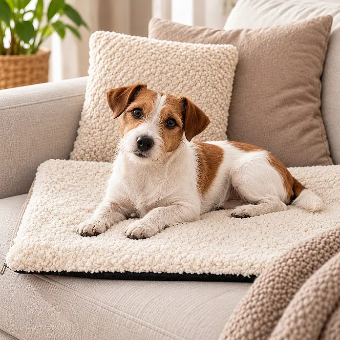 belviona Wärmedecke für Hunde & Katzen, selbstwärmend, 60x45 cm, weiß -  - Cremefarbenes flauschiges Hundebett auf einem Sofa, auf dem ein Hund liegt.