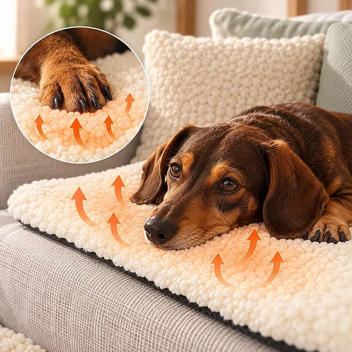 belviona Wärmedecke für Hunde & Katzen, selbstwärmend, 60x45 cm, weiß -  - Creme-farbene Heizmatte für Haustiere mit einem Dackel, der bequem auf einem Sofa liegt. Orangefarbene Pfeile zeigen die Wärmeabgabe an.