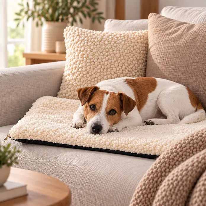 belviona Wärmedecke für Hunde & Katzen, selbstwärmend, 60x45 cm, weiß -  - Cremefarbenes Sherpa-Hundebett mit schwarzem Rand, auf einem Sofa platziert, mit einem braun-weißen Hund, der bequem darauf liegt.