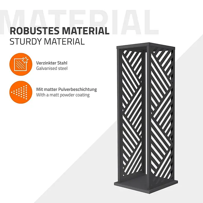 ML-Design Kaminholzregal 37,5x37,5x112 cm Anthrazit Streifen-Motiv -  - Dunkelgrauer Pflanzenständer aus verzinktem Stahl mit geometrischem Muster und matter Pulverbeschichtung, der sein robustes Material betont.