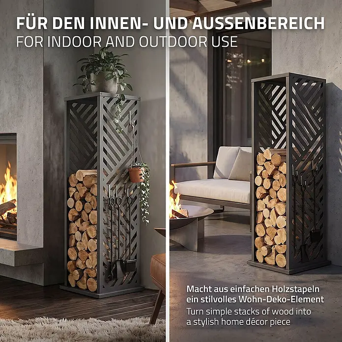 ML-Design Kaminholzregal 37,5x37,5x112 cm Anthrazit Streifen-Motiv -  - Dunkelgraues Metall-Kaminholzregal mit geometrischem Muster, innen mit Holzscheiten und Kaminbesteck, außen auf einer Terrasse gezeigt.
