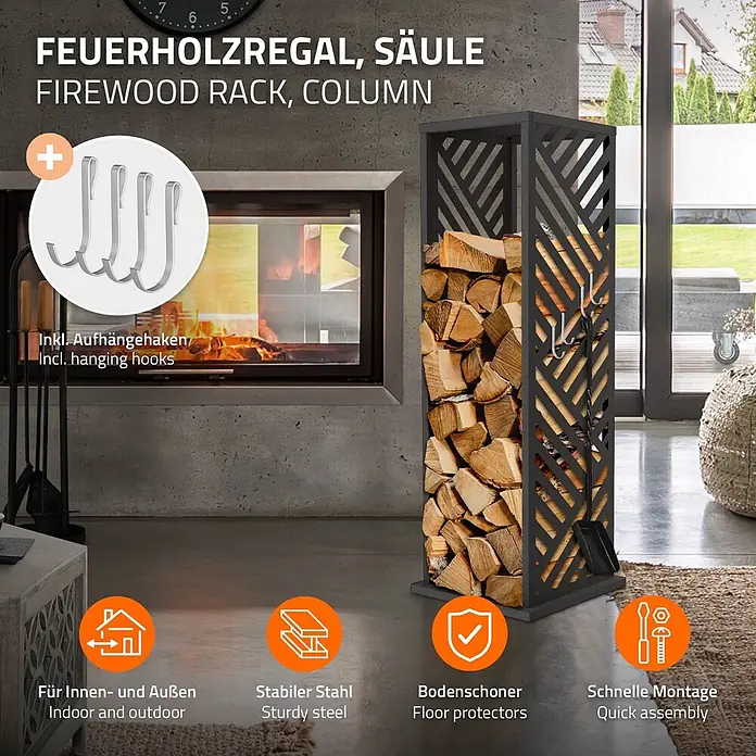 ML-Design Kaminholzregal 37,5x37,5x112 cm Anthrazit Streifen-Motiv -  - Schwarzes Kaminholzregal in Säulenform, mit Holzscheiten gefüllt, neben einem Kamin. Inklusive Aufhängehaken.